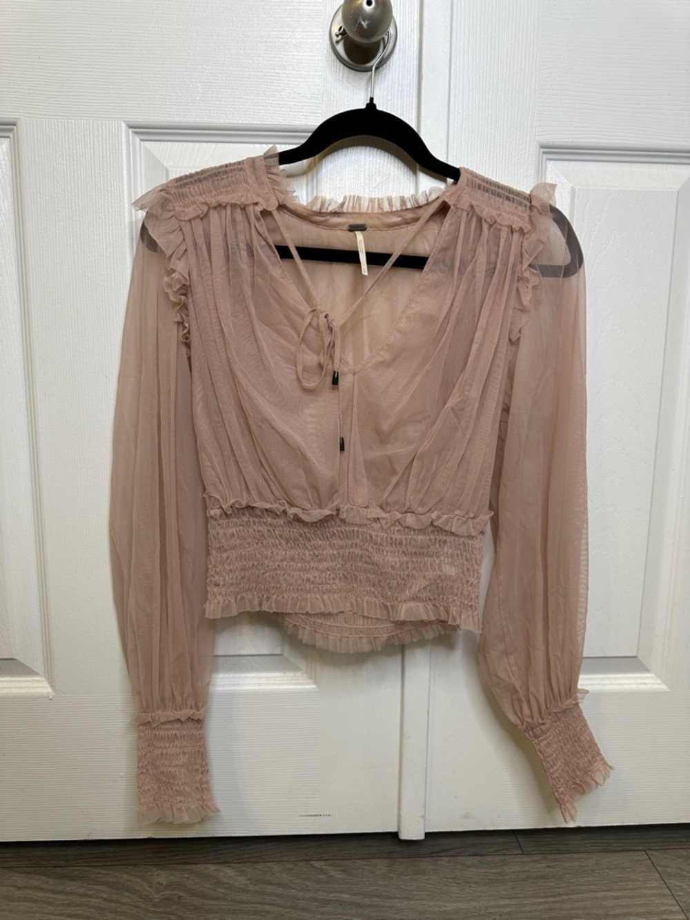 Free People Twyla Blouse Dusty Rose Pink Sheer Ruffle Waist | Tie Front | Small